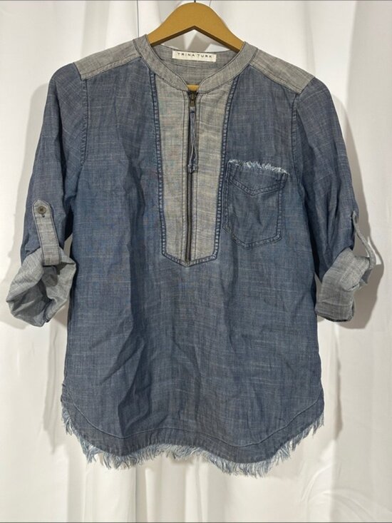 Trina Turk Tops - Trina Turk Chambray Top Size M Lyocell Linen Frayed Hem Half Zip Blouse